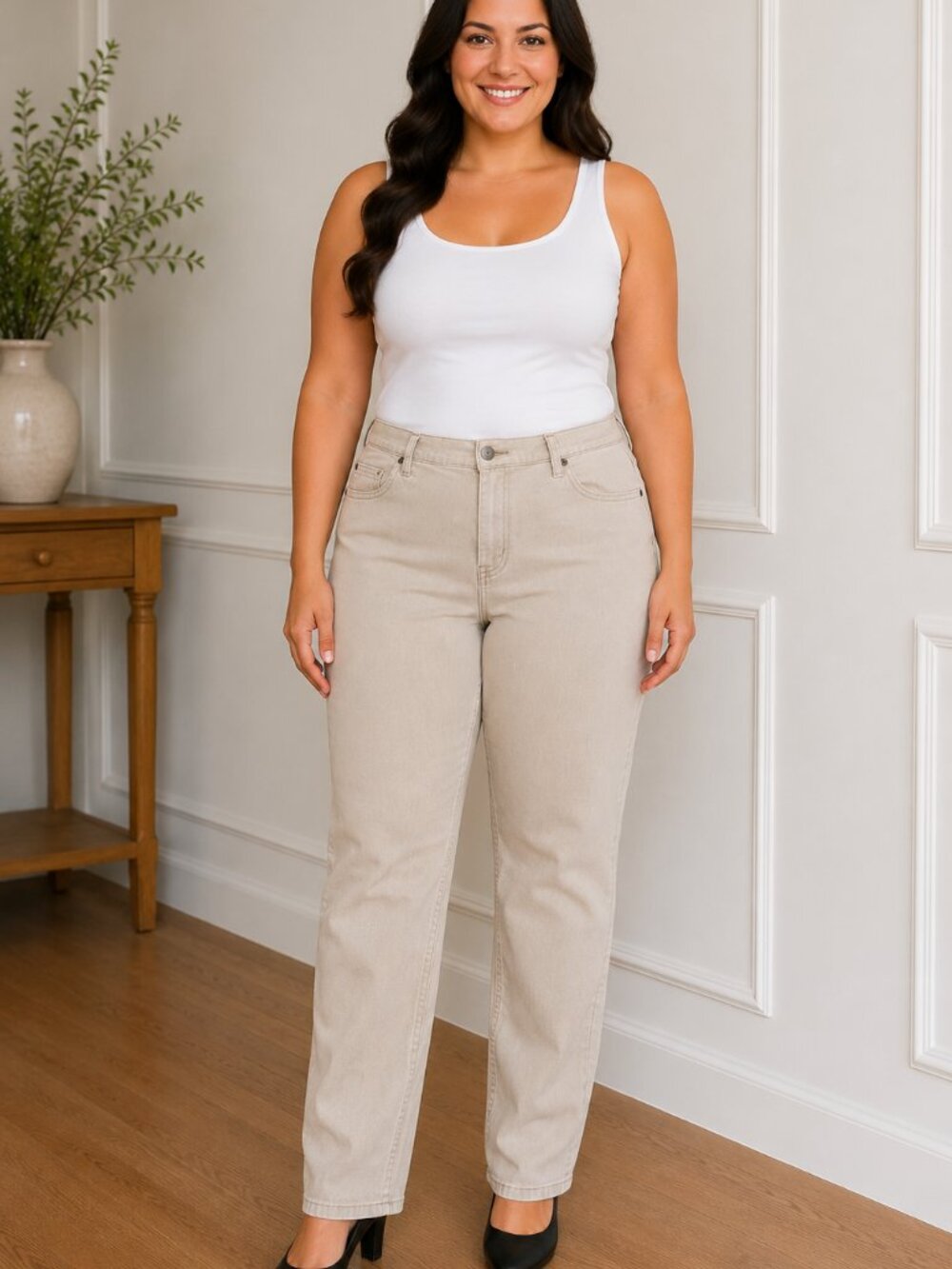 Riders by Lee Relaxed Jeans 18W Long Beige Tan Straight Leg Stretch